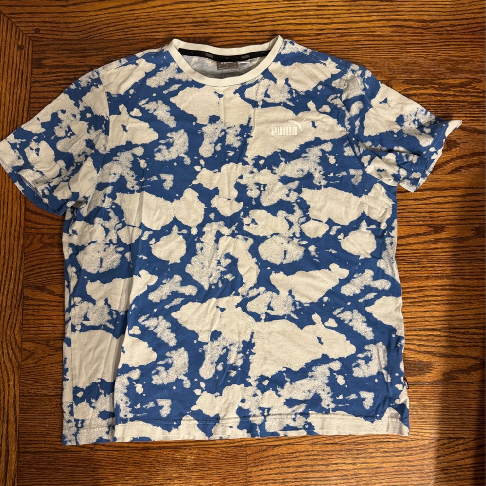 Puma Blue and White Splat Tie Dye Patterned Tee  - L